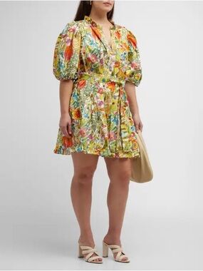 Marie Oliver Yellow Floral Puff-Sleeve Mini Dress